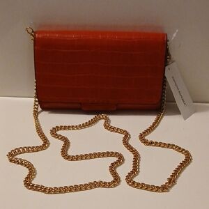 Banana Republic Red Croc-Embossed Clutch with Gold Chain
